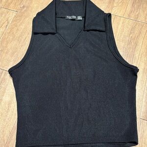 Nasty Gal Black Ribbed Collared Tank Top